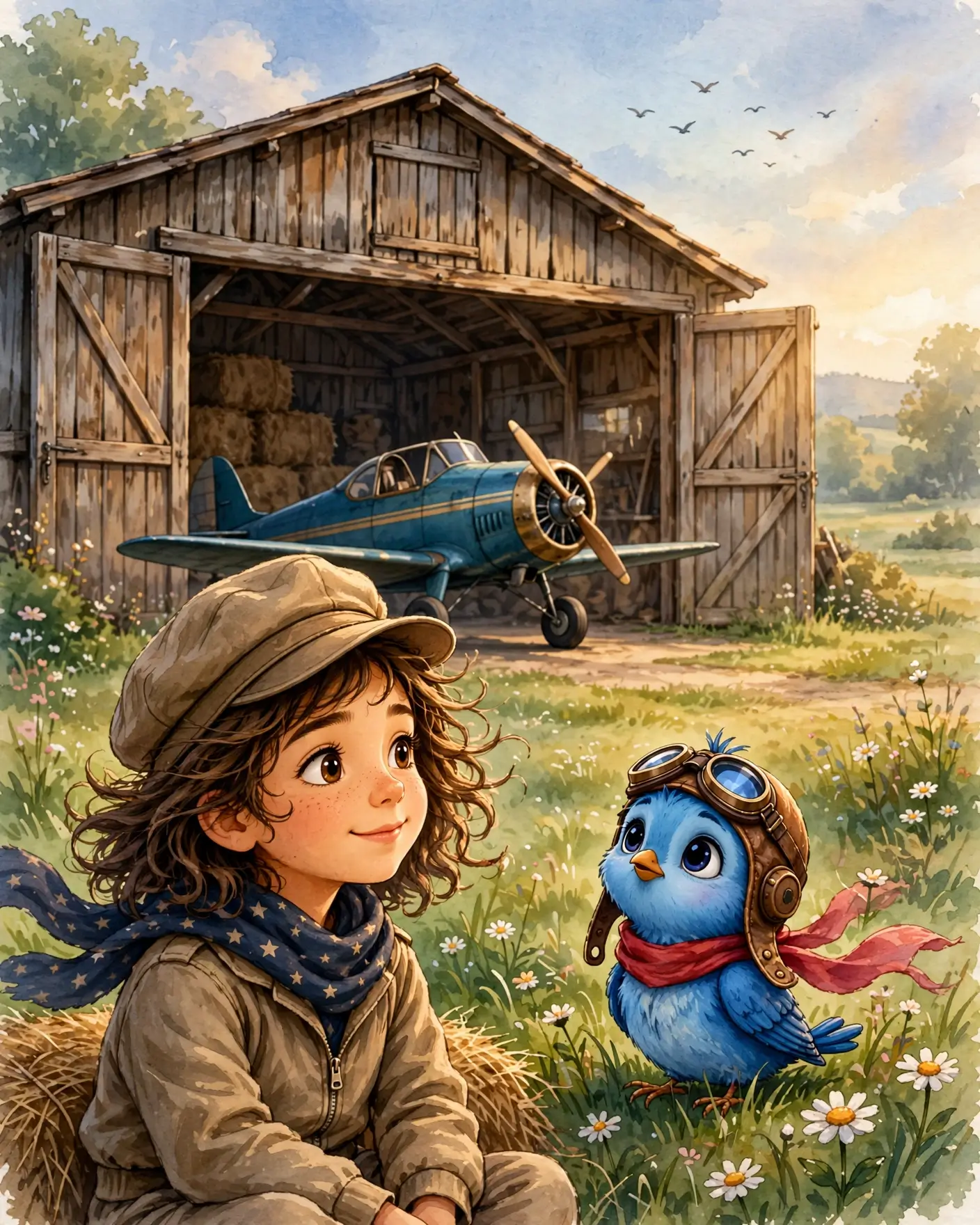 A girl in a cap sits in the grass beside an old wooden hangar, looking up. Little Blue sits near her, and a teal aeroplane waits in the shadow of the doorway.