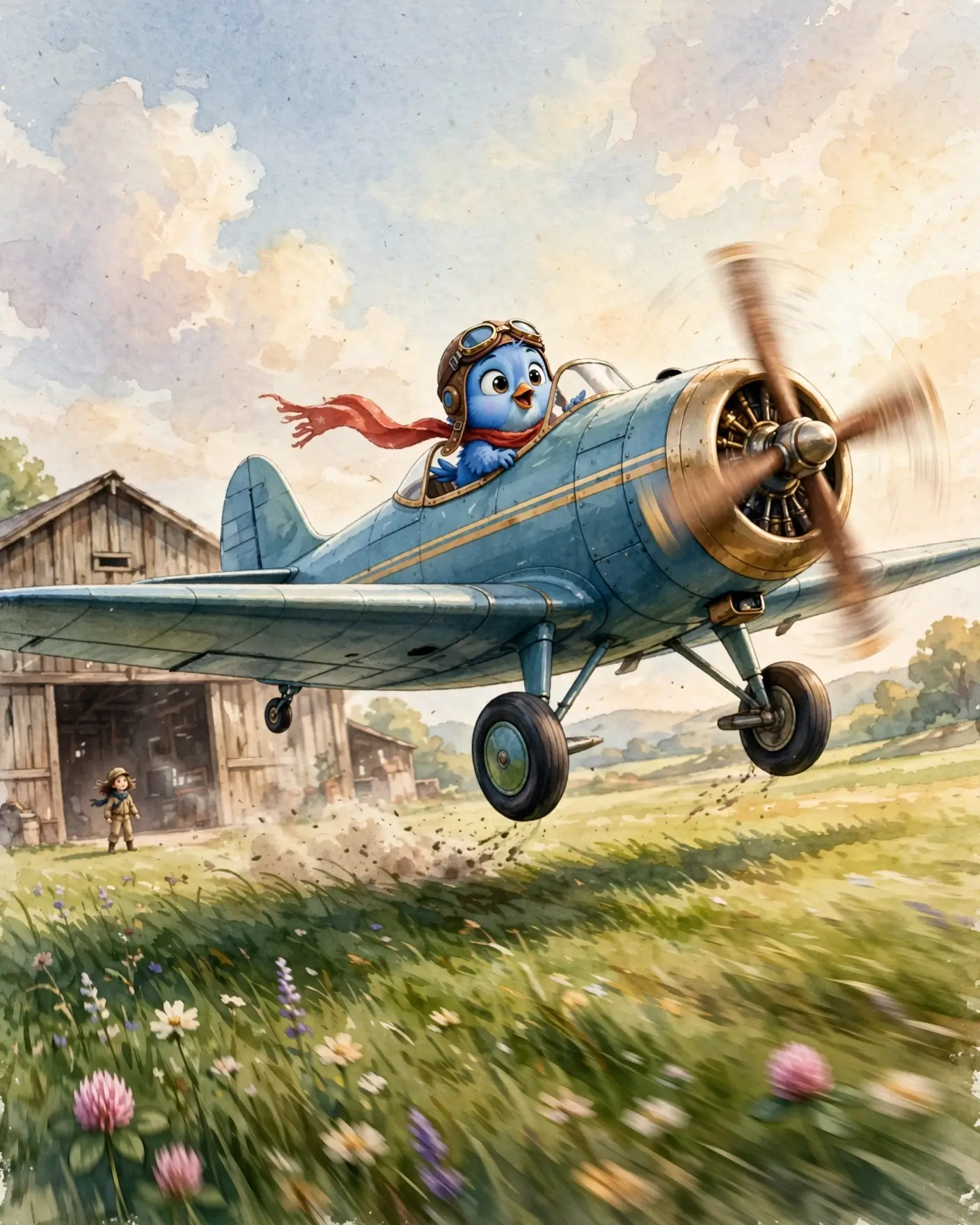 The little teal aeroplane lifts off a grass strip, propeller blurred, Little Blue at the controls with his scarf streaming behind him. The hangar and a tiny waving figure fall away below.