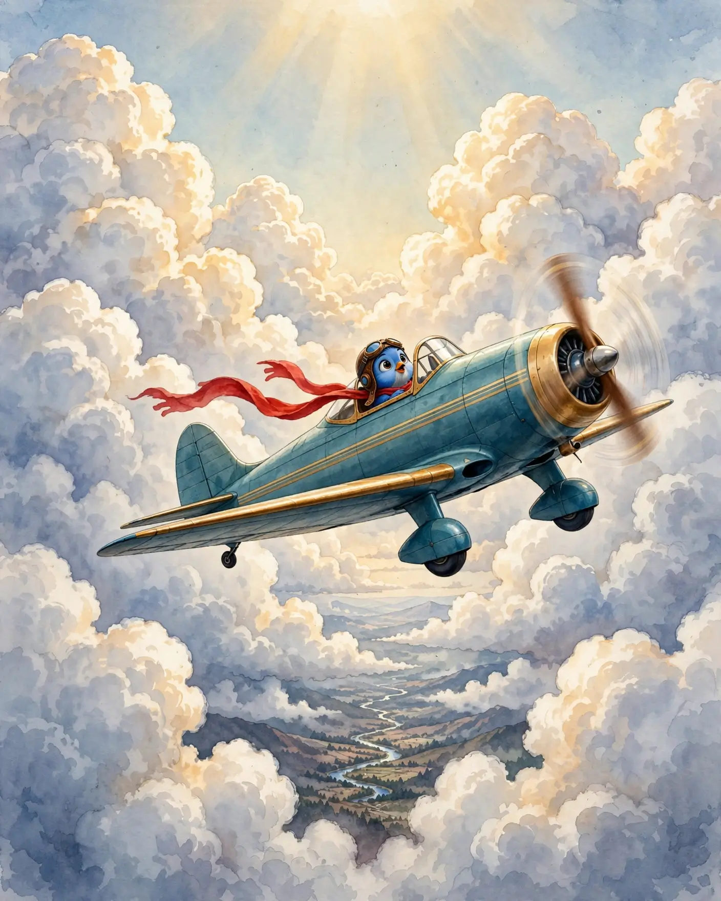 The aeroplane climbs among towering white clouds lit from above, the patchwork land and a winding river now very small far below.