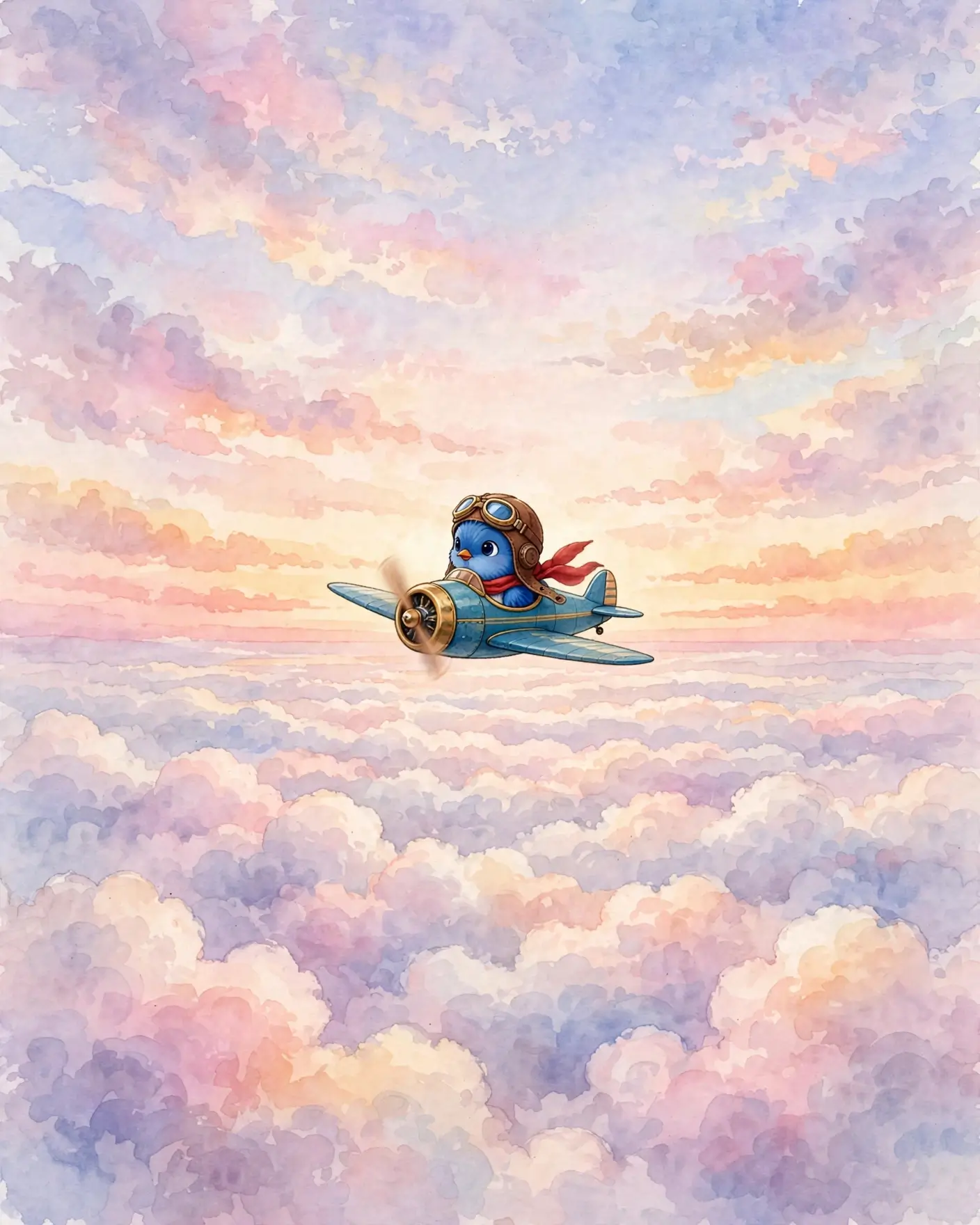 A very small aeroplane alone above an endless sea of pink and lilac cloud, the horizon soft and pale and going on forever.