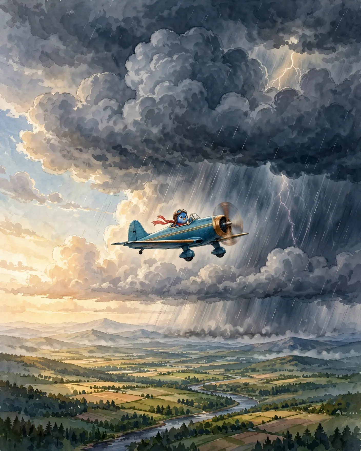 The little aeroplane flies on beneath a vast dark wall of storm cloud, rain falling in grey columns ahead, the sunlit valley behind him still green and small.