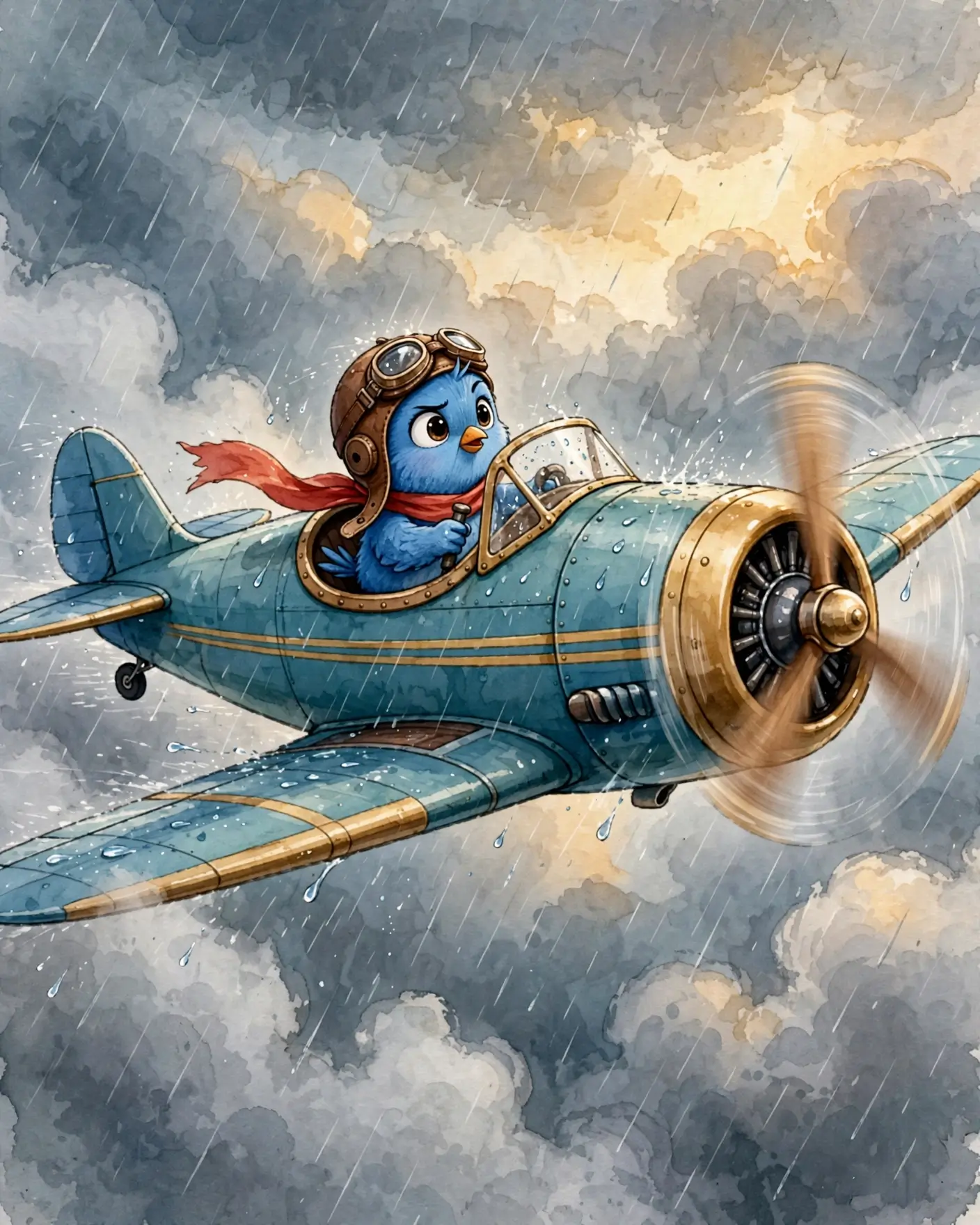 Rain streaks past the aeroplane as it holds its line through grey cloud. Little Blue leans into the controls, scarf whipping, a break of gold light showing above him.