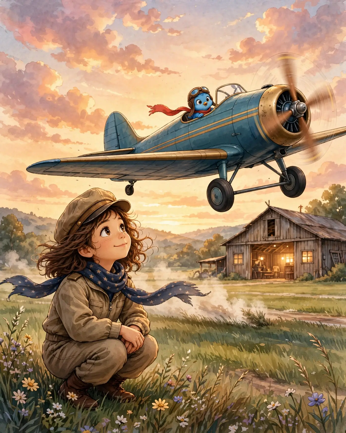 Sunset over the meadow. The girl kneels in the long grass looking up, smiling, as the aeroplane comes in low towards the old hangar with its windows glowing warm.
