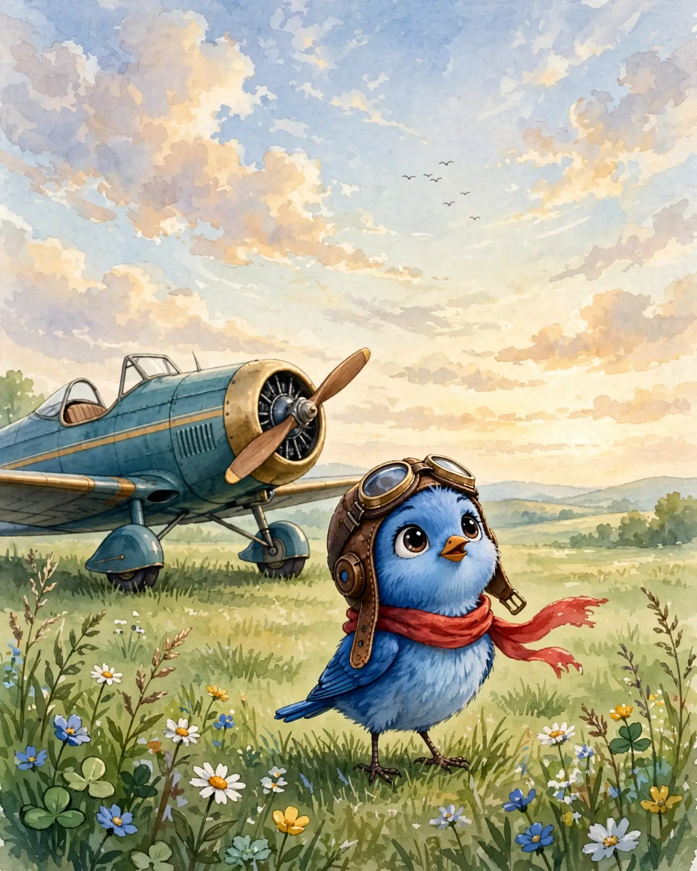 Morning again. Little Blue stands in a meadow of wildflowers with his goggles on and his wings spread, his aeroplane waiting behind him, under a wide open sky.