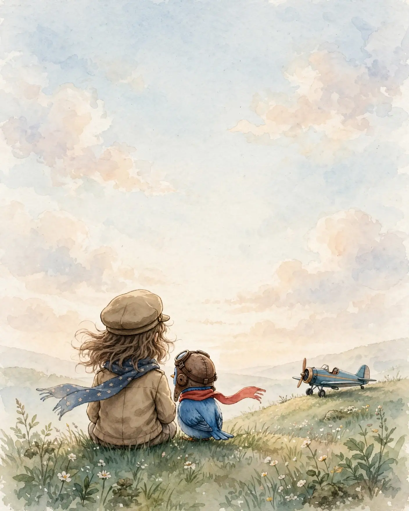 Seen from behind and very small: the girl and Little Blue sitting together on a hillside, watching the little aeroplane in a great pale sky.