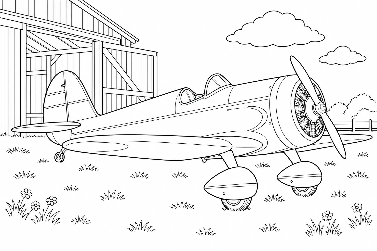 Outline drawing to colour: a vintage propeller aeroplane parked in the grass beside a wooden hangar, with clouds and daisies.