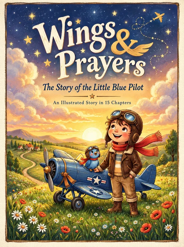 The storybook's cover: “Wings & Prayers” and “The Story of the Little Blue Pilot” lettered across a starry sunset sky, above a child in a pilot's helmet and scarf beside a small blue aeroplane, with Little Blue perched on its wing