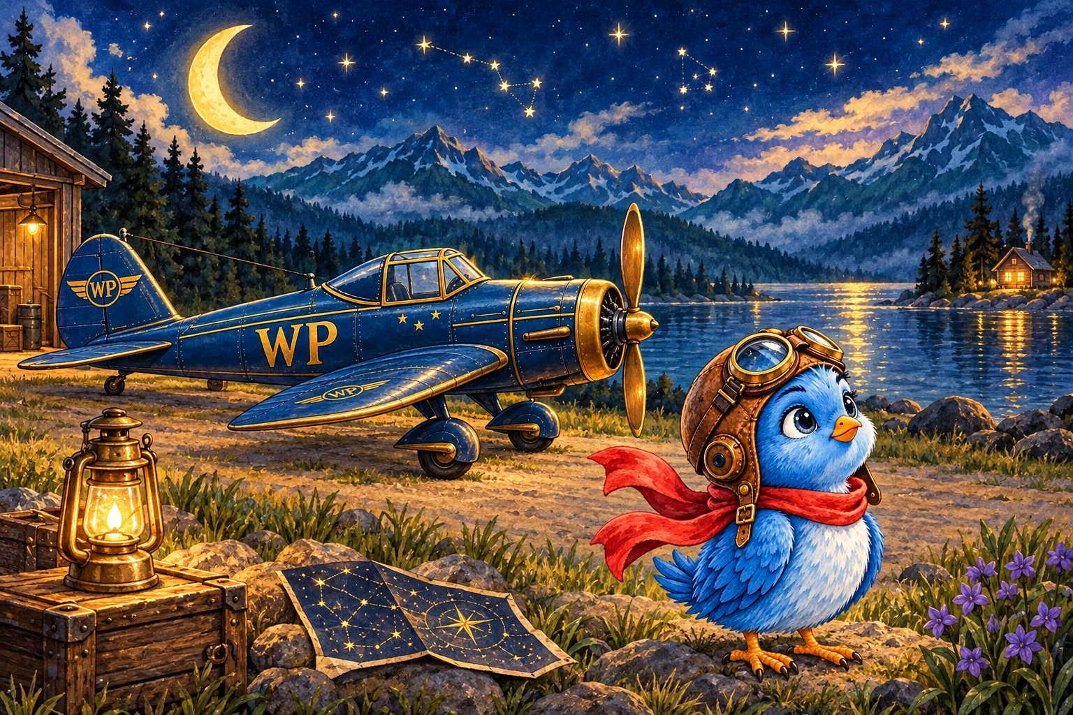 Little Blue and the WP plane beside a mountain lake at night, with a crescent moon, lantern, star map and glowing cabin.