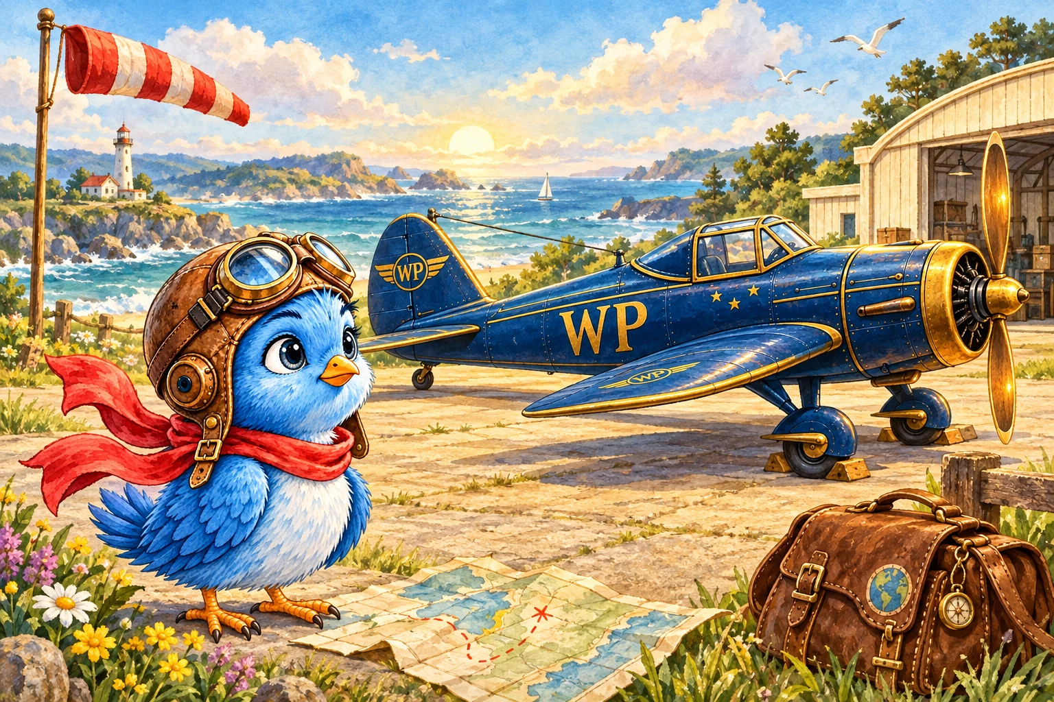Little Blue stands beside a map at a seaside airfield, with the blue and gold WP plane, a windsock, lighthouse and travel bag.