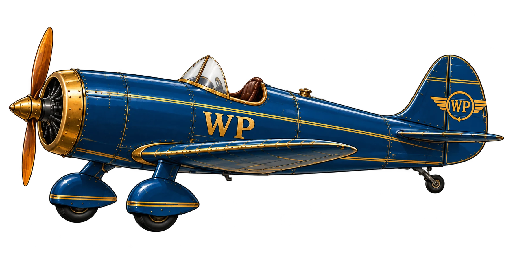 Little Blue's aeroplane, from the side: a blue low-wing monoplane with brass trim, a wooden propeller and wheel spats.