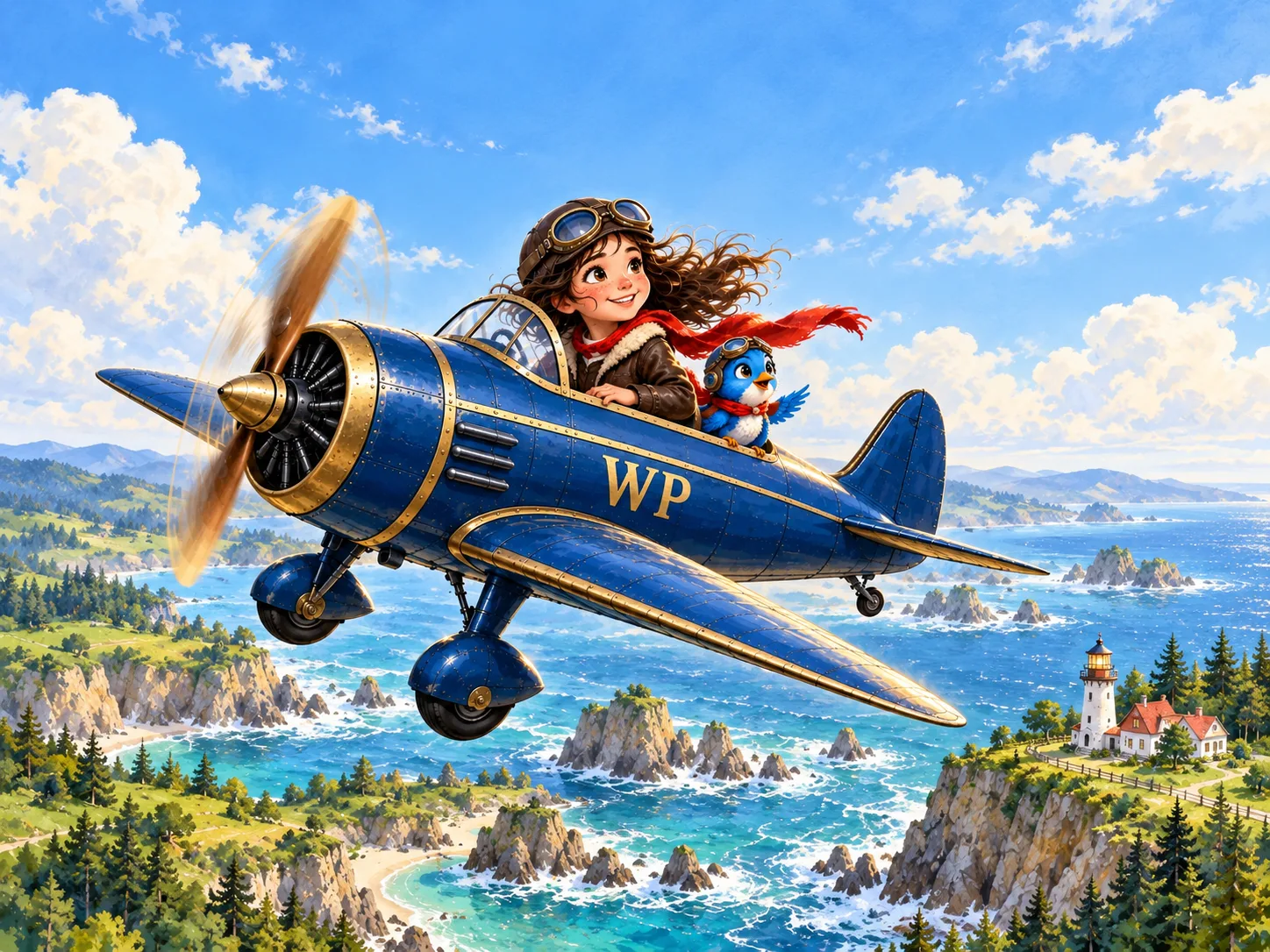 A girl in aviator goggles pilots a bright blue aeroplane above a turquoise coast, with Little Blue beside her, an airy daylight sky and a lighthouse below