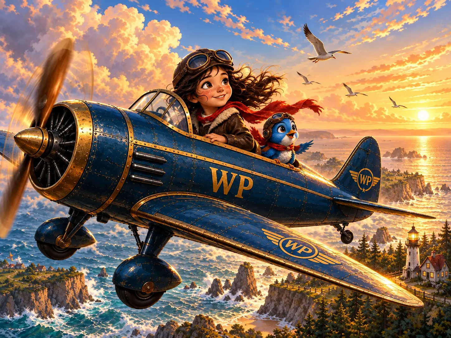 A girl in aviator goggles pilots a blue aeroplane above a sunlit coast, with Little Blue beside her, gulls in the sky and a lighthouse below
