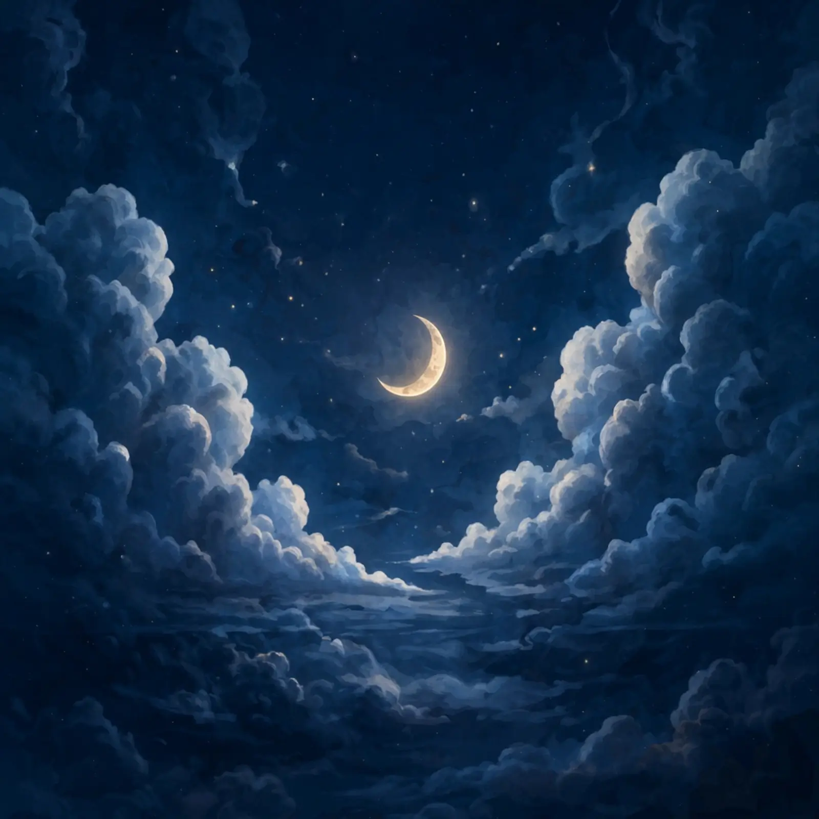 A gold crescent moon among deep blue night clouds