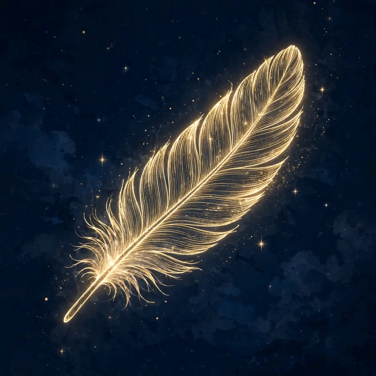 A single feather drawn in golden light against the night sky