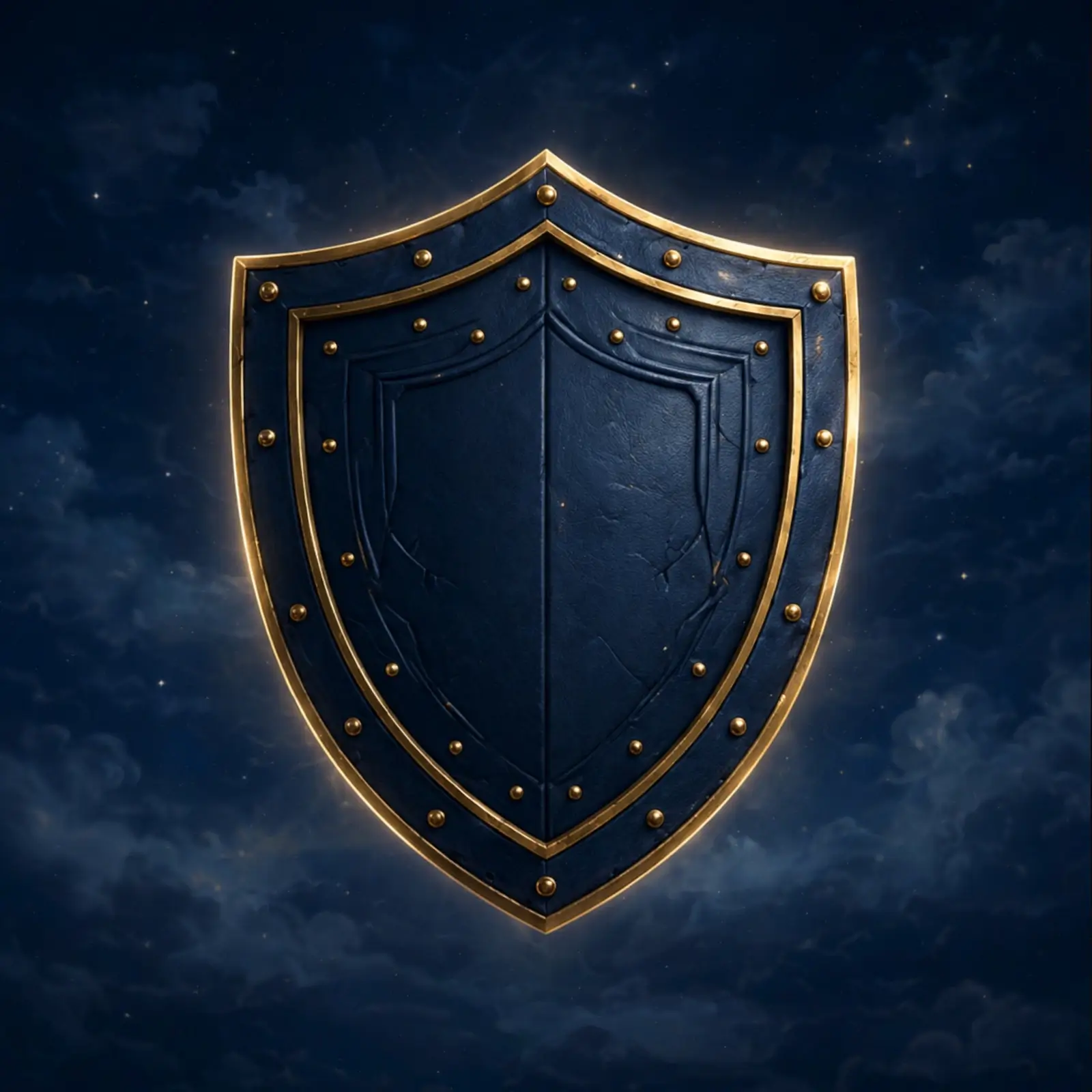 A navy shield edged in gold against a night sky